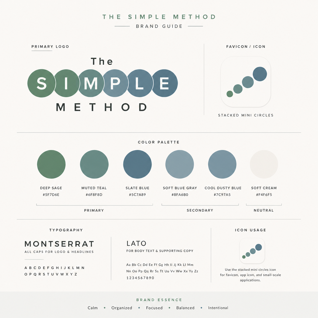 The Simple Method brand guide, palette, typography, and logo